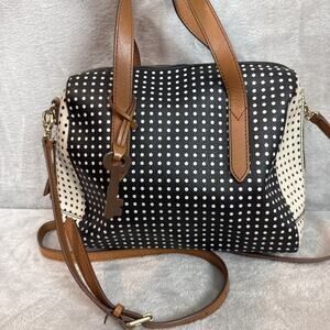 FOSSIL SYDNEY Black & White Canvas Coated Satchel Handbag Crossbody Purse